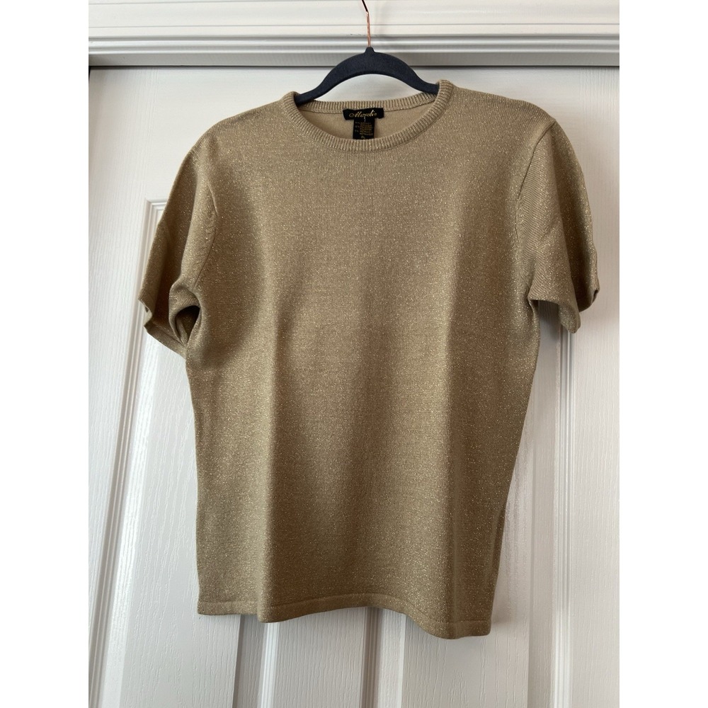 Mureli Gold Short Sleeve Sweater Metallic‎ Petite Large PL Party Office Wear